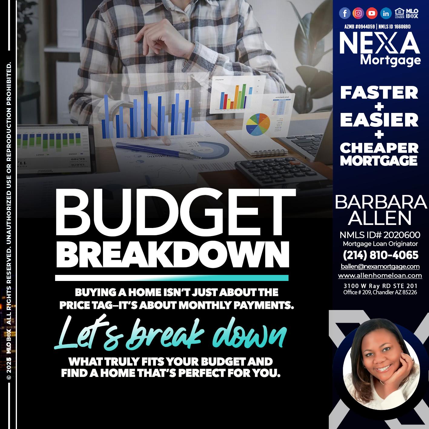 BUDGET BREAKDOWN - Barbara Allen -Mortgage Consultant