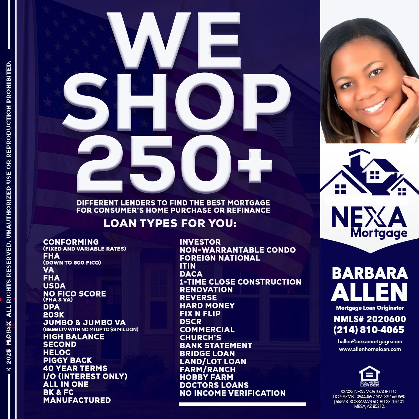 WE SHOP 250+ - Barbara Allen -Mortgage Consultant