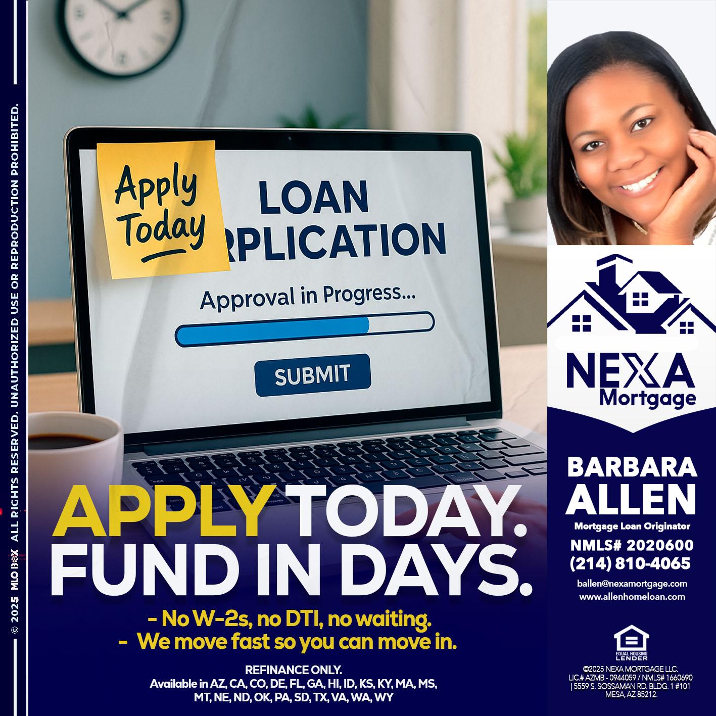 APPLY TODAY - Barbara Allen -Mortgage Consultant