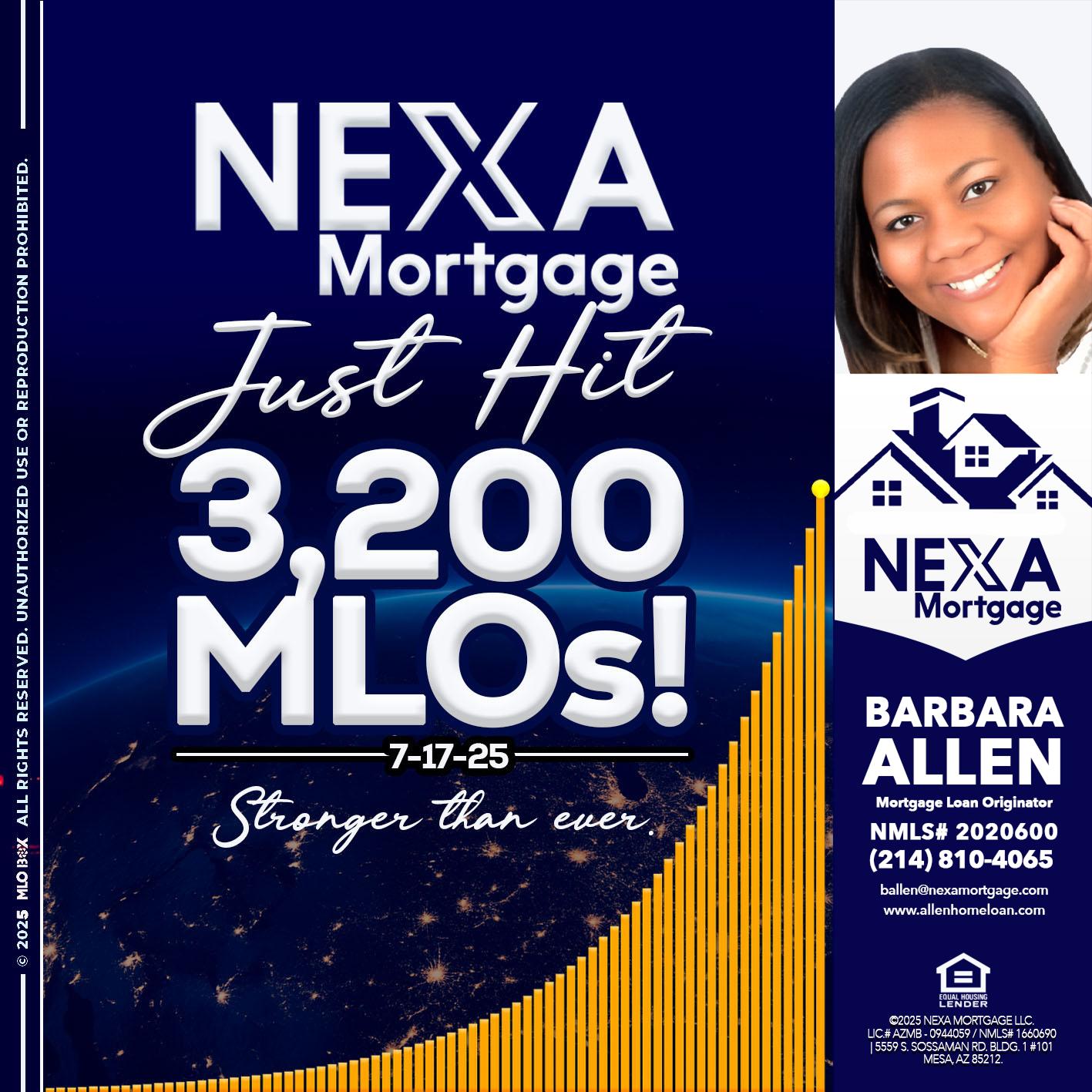JUST HIT 3,200 MLOs - Barbara Allen -Mortgage Consultant