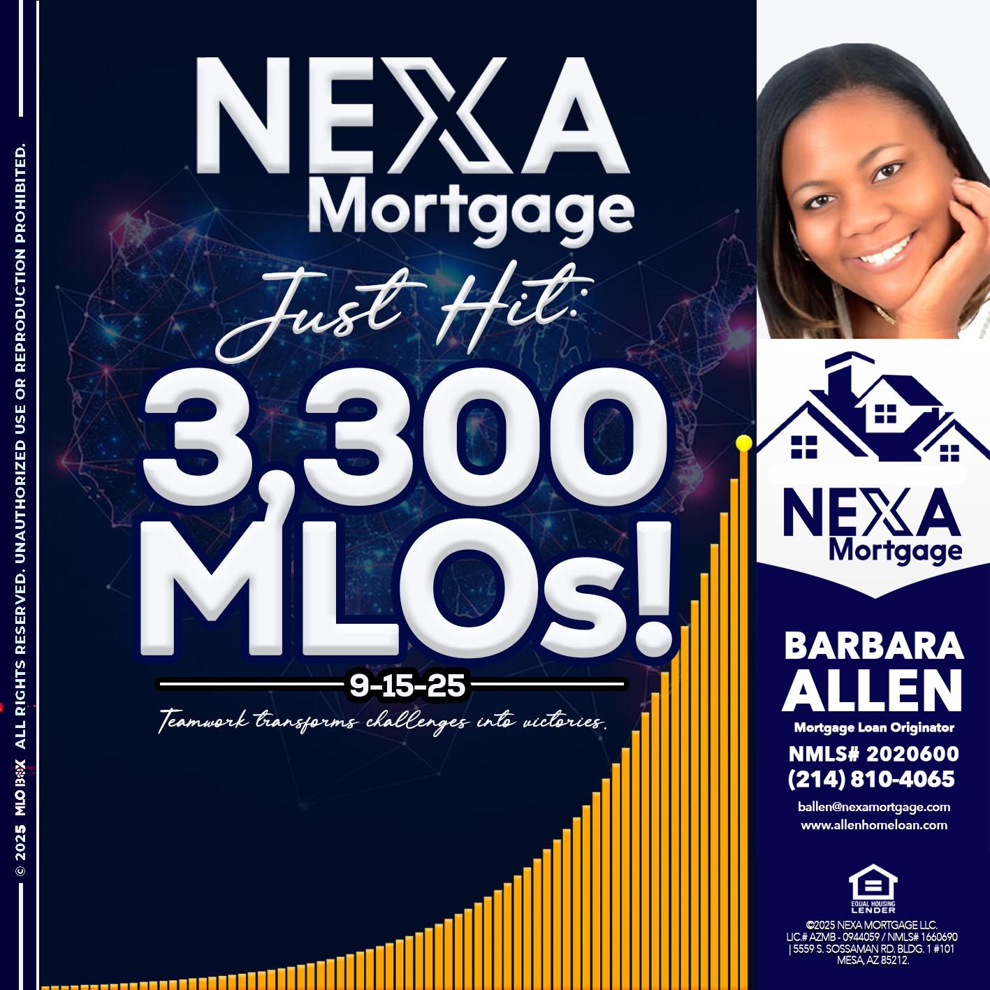 NEXA JUST HIT 3300 MLOS - Barbara Allen -Mortgage Consultant